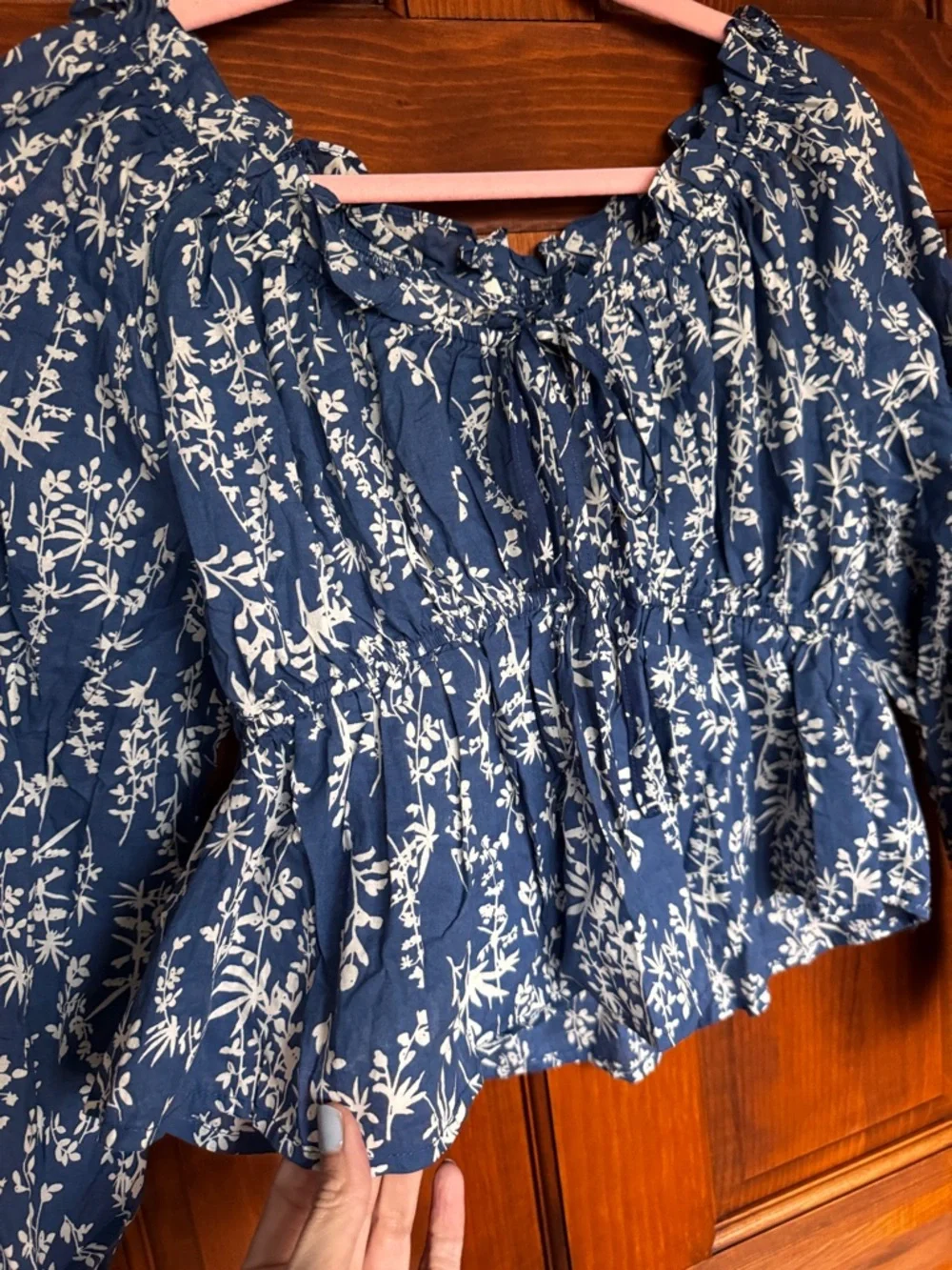 44. Blue Floral Off-Shoulder Smocked Peplum Blouse - Picture 11 of 11